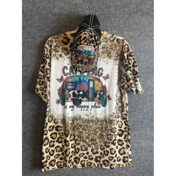 Unbranded Tops - Graphic Tee Shirt & Hat Women's XL Tan Leopard Camping Is My Happy Place